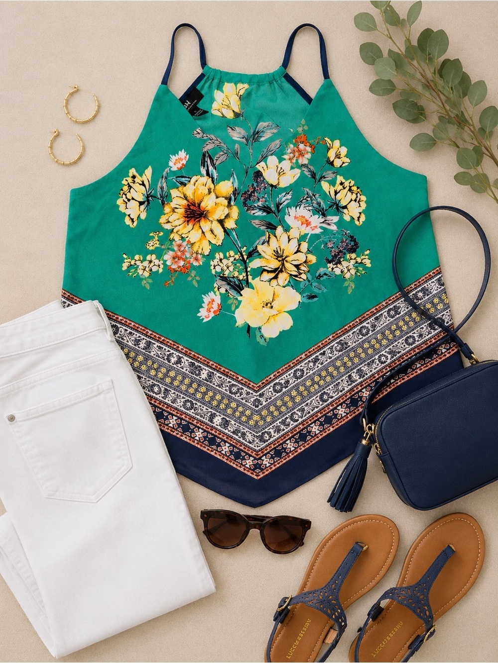 I.N. San Francisco Floral Border Print Strappy Tank Top